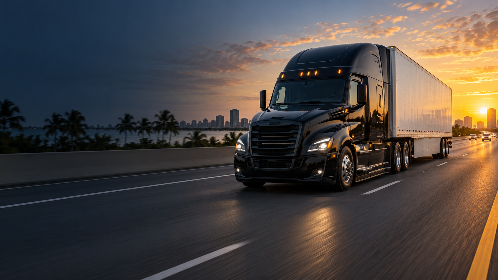Black semi truck hauling freight on a Florida highway at sunrise